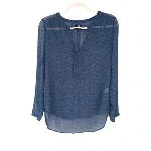 New Gap Navy Chevron Print Chiffon Keyhole Neckline Long Sleeve Blouse Sz XS